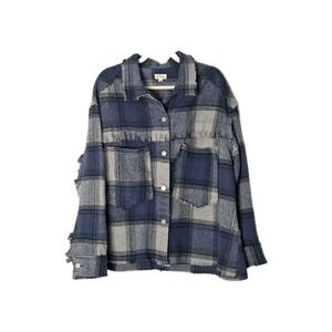 POL Plaid Shacket Jacket Women's Size S Blue Gray Distressed Raw Hem Snap Front